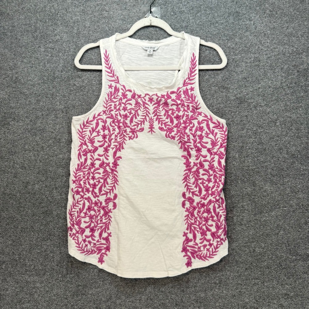 Lucky Brand Shirt Women Medium White Pink Embroidered Boho Sleeveless Blouse